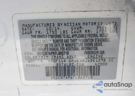 2015 Nissan Versa 1.6 Sv from USA, damaged, VIN 3N1CN7AP6FL865718